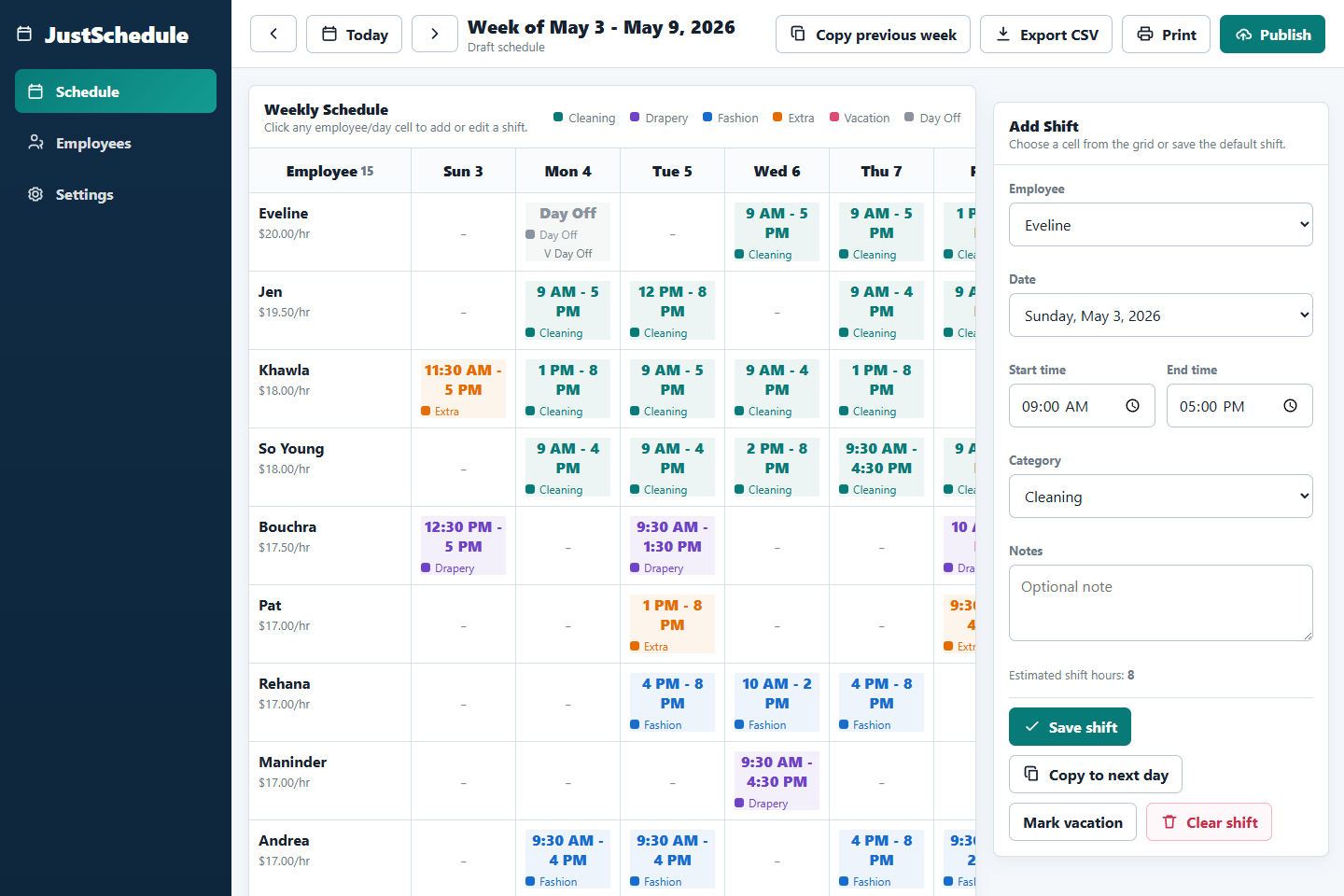 Just Schedule weekly scheduling dashboard screenshot