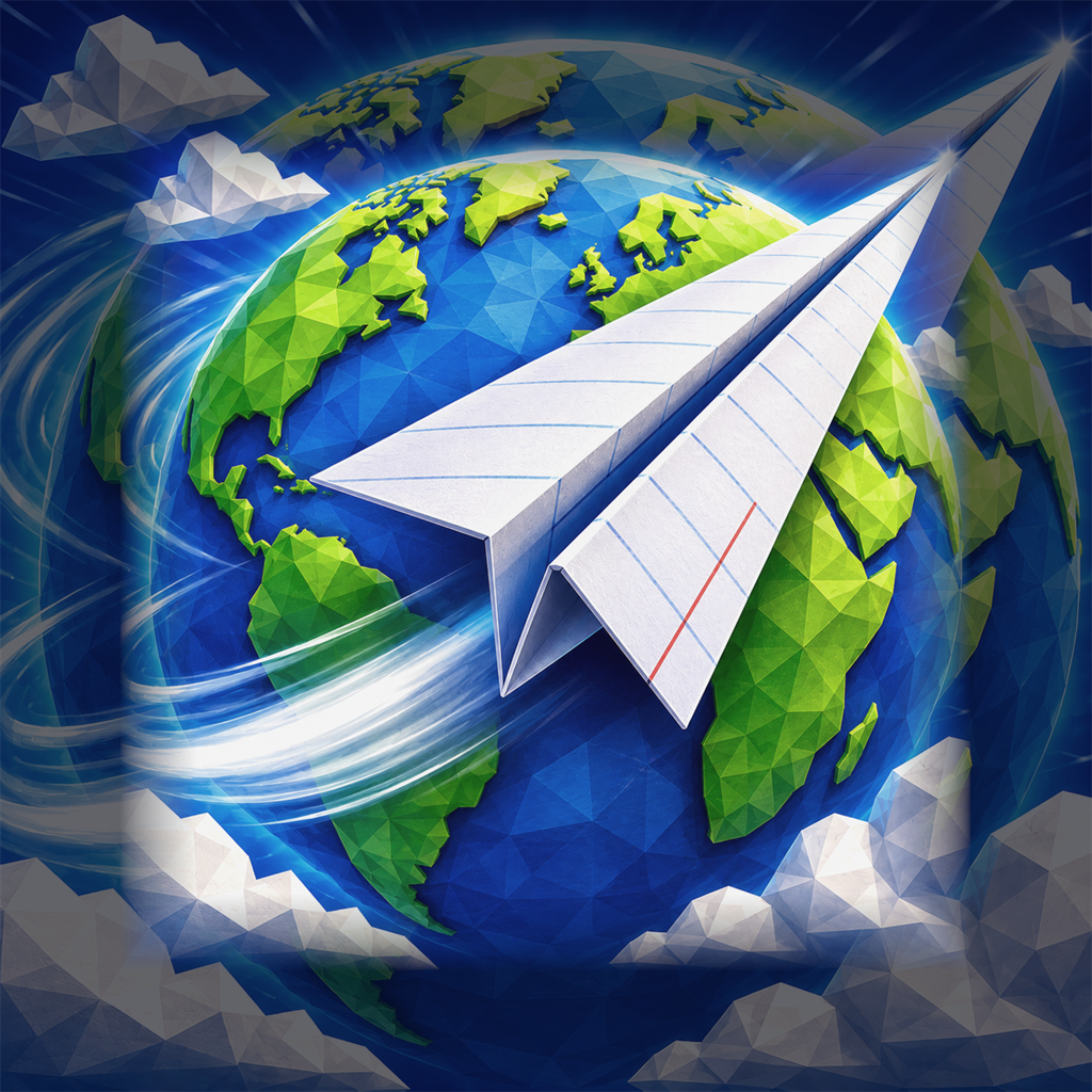 Paper Skies app icon: a paper plane flying around a globe